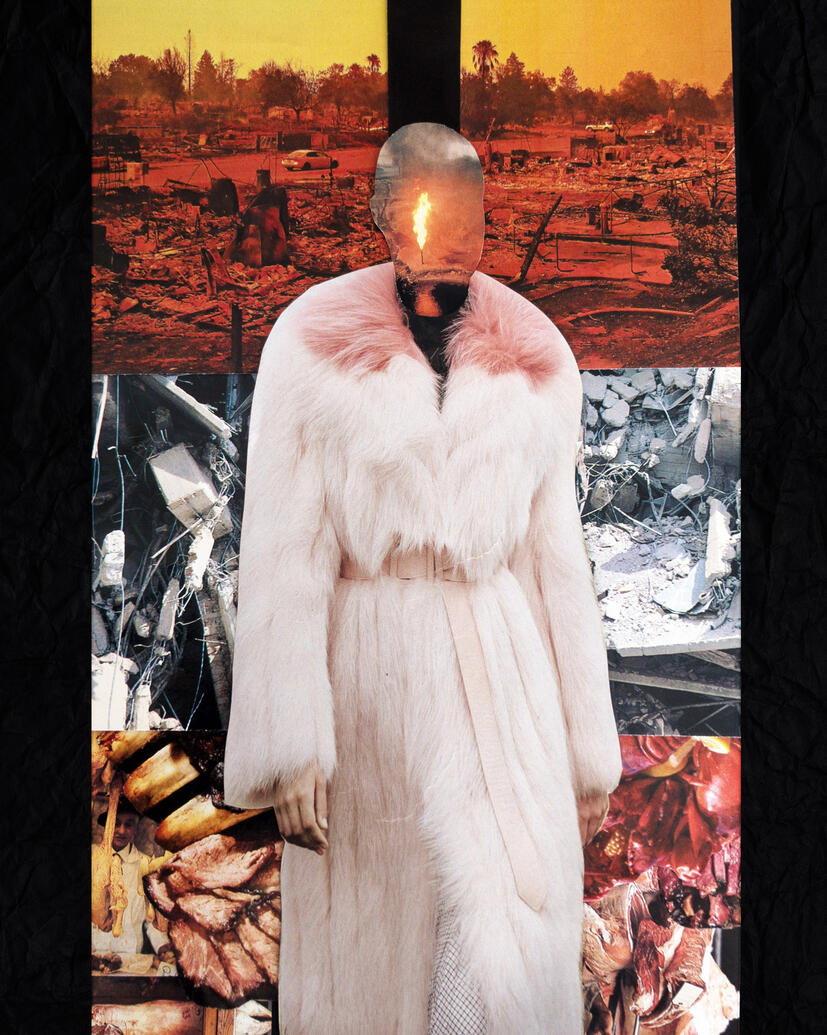 'Crisis in Furs' - Hand cut paper collage